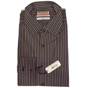 Thomas Pink Slim Fit 17.5 / 44 cm  Button Down Dress Shirt - Purple/Green Stripe
